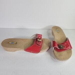VTG The Original Dr.Scholl's Red Leather Buckle Wooden Sandals Slides Shoes S 8M